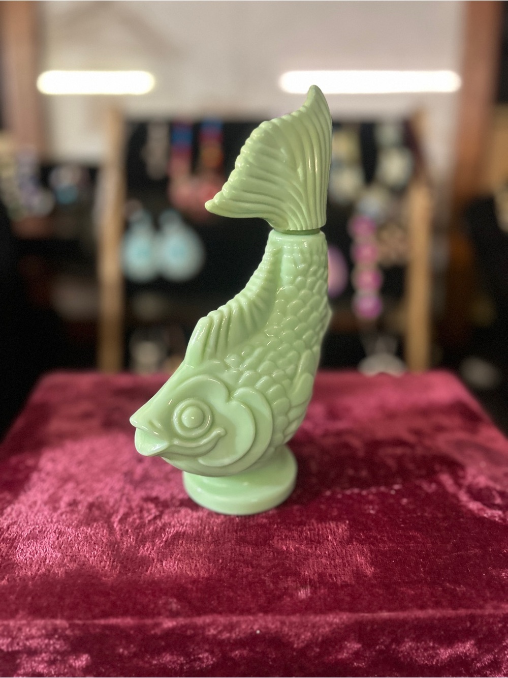 Vintage Avon Topaze Jadeite Green Milk Glass Koi Gold Fish Bubble Bath Bottle